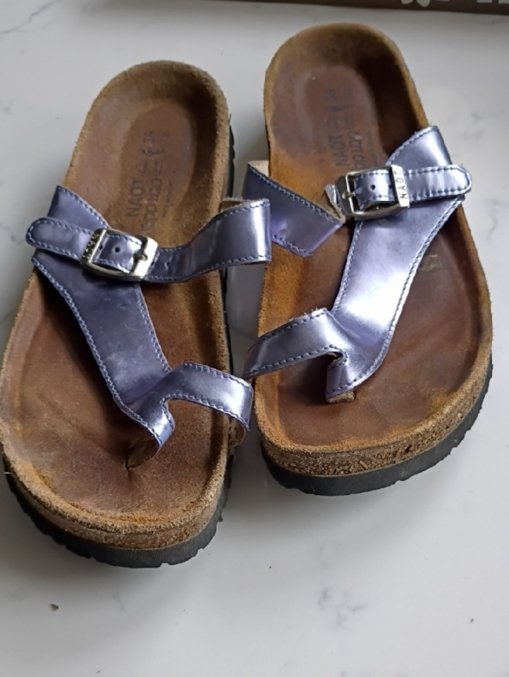 Naot Metallic Lavender Leather Toe-Loop Slide Sandals